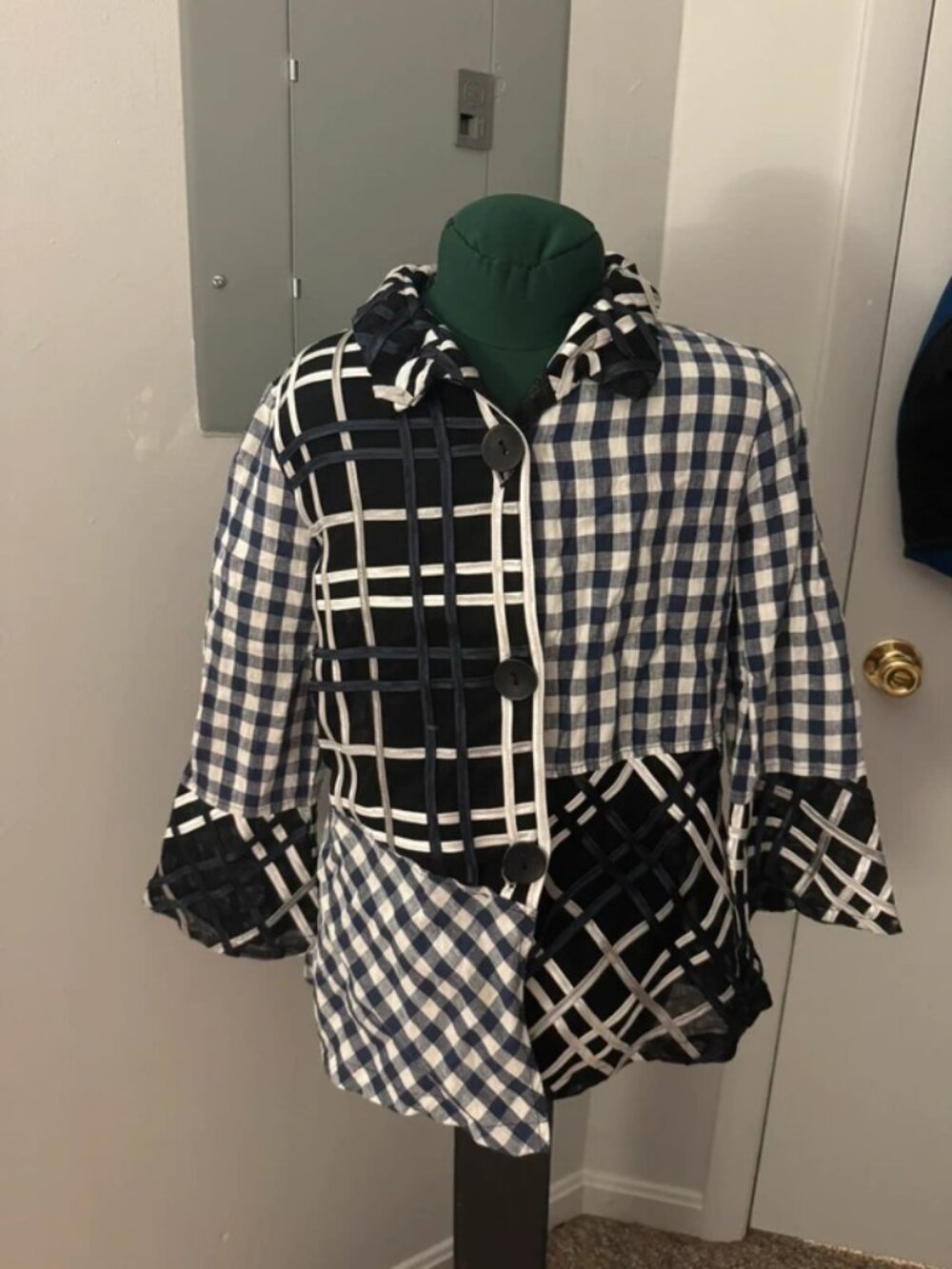 Plaid Blue, Black, White Collared Shirt with Mesh Sections
